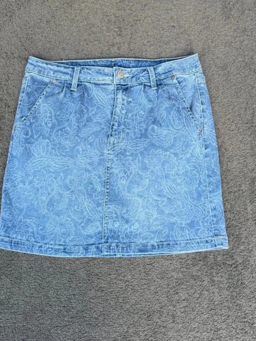 Seven7 Blue Paisley Floral Denim Mini Skirt Size 8 Stretch Boho Casual